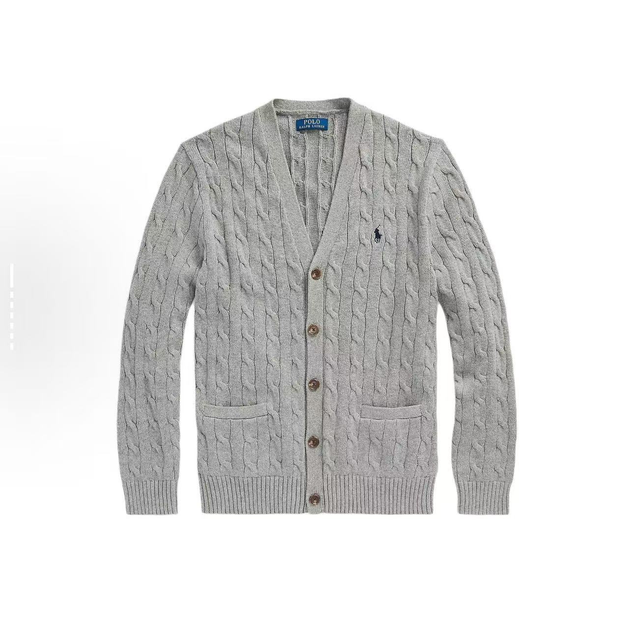 Polo 纯色小马Logo刺绣扭花V领长袖开衫针织衫 男女款 灰色