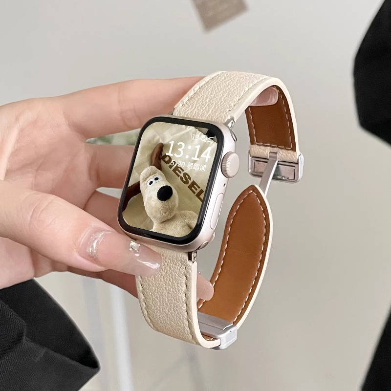适用苹果AppleWatch10表带皮质荔枝纹S9吸磁iwatch87654新款腕带