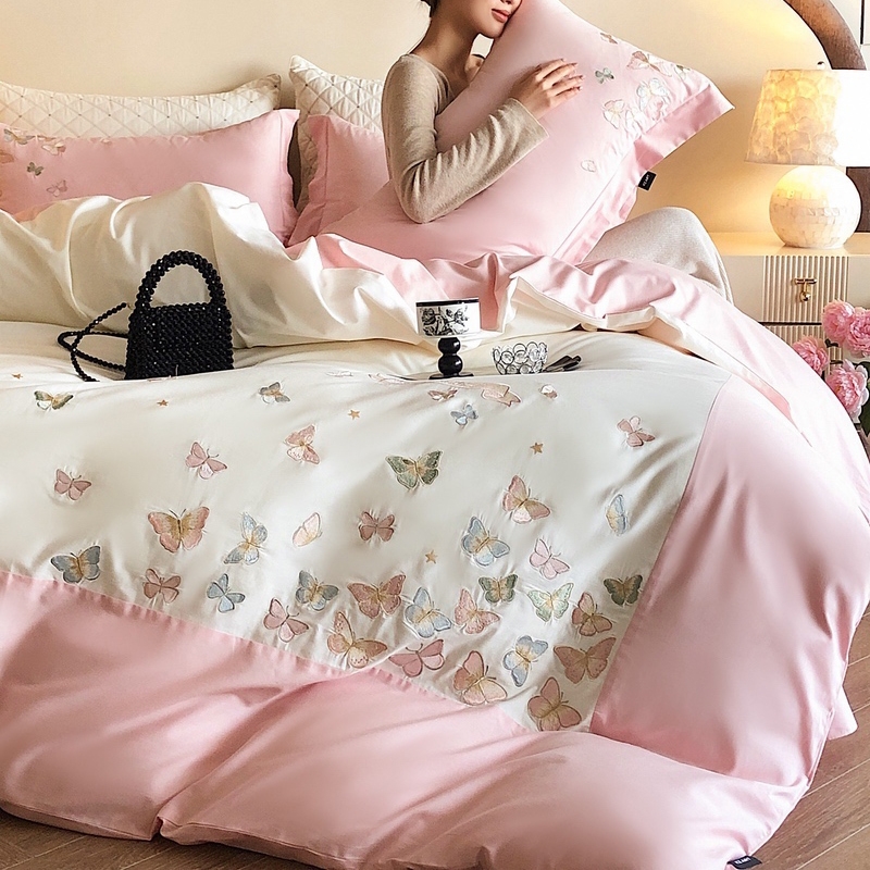 轻奢四季全棉四件套绣花床品刺绣蝴蝶混搭ins风床品套件丝滑