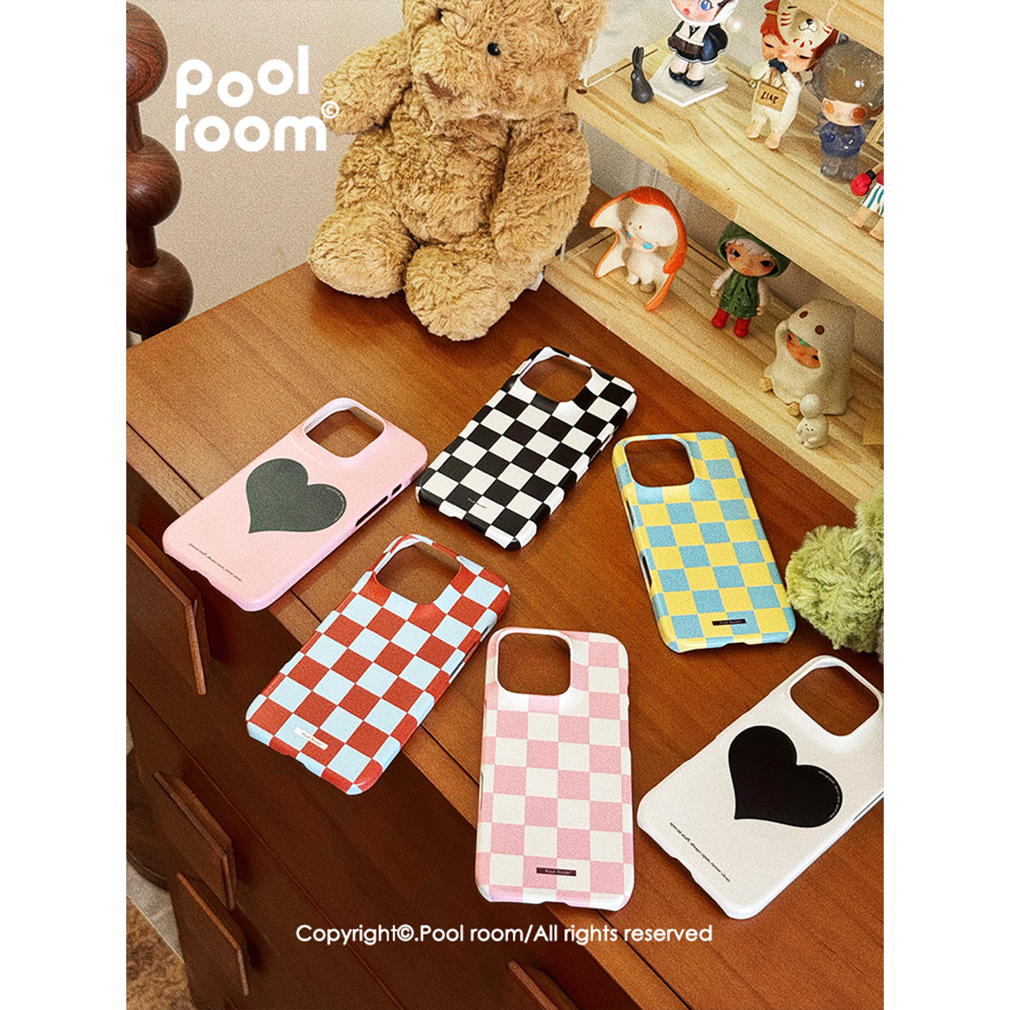 PoolRoom棋盘格韩国菲林二合一/单层磨砂ins手机壳折叠