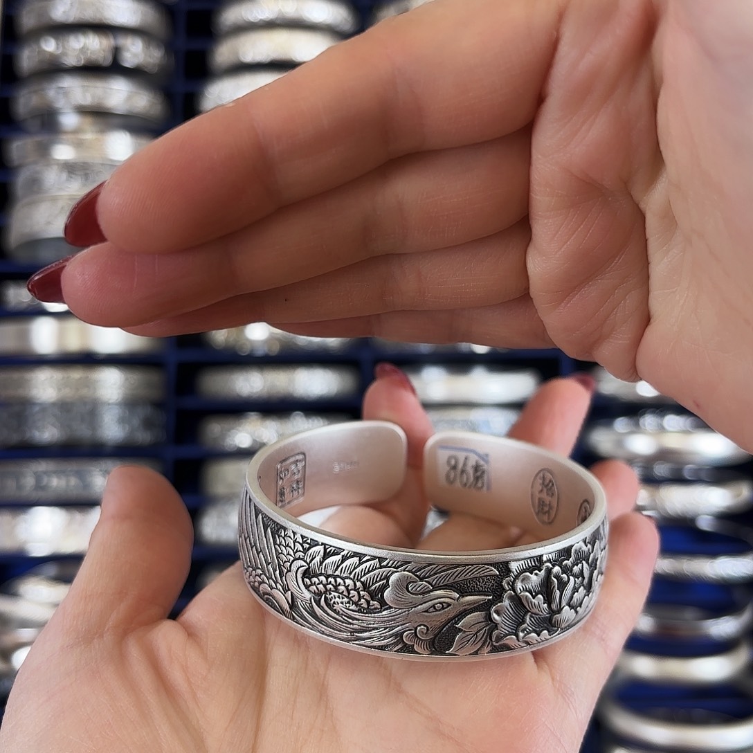 足银凤穿牡丹银手镯86克