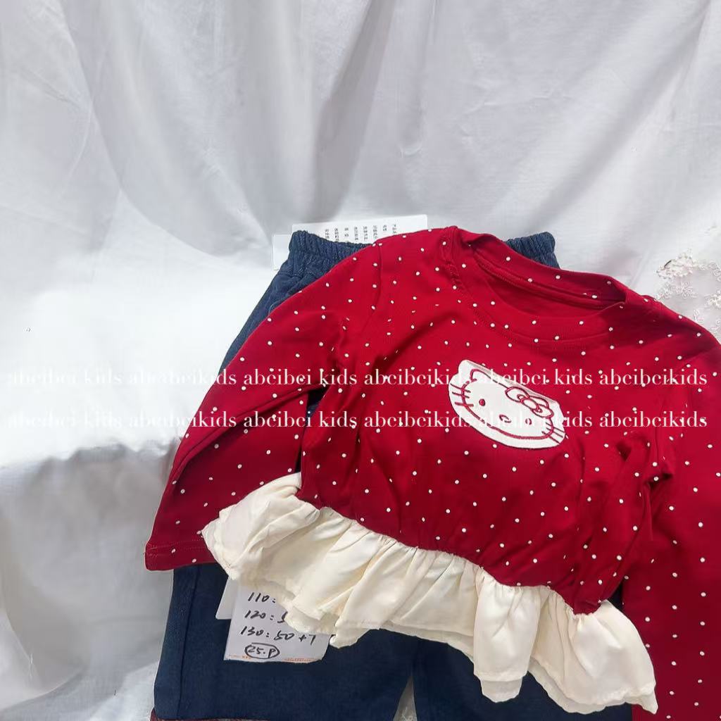 H12【红色点子猫咪上衣 】童装