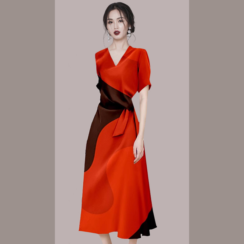 夏季短袖撞色收腰名媛气质连衣裙2025新款女高级修身裙子