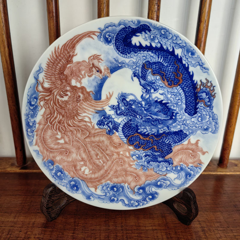 自成堂柴窑青花釉里红龙凤呈祥壶承高足赏盘茶盘景德镇陶瓷器手绘