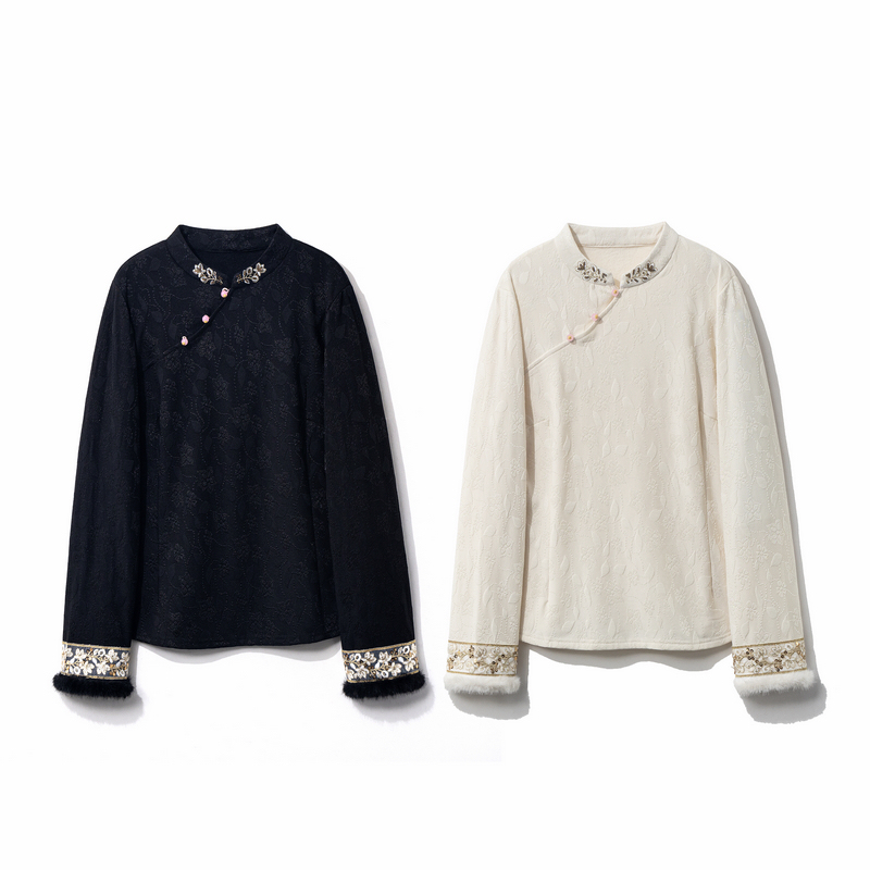 【婉禾】冬季2025新款打底上衣女新中式宽松加绒加厚绣花长袖T恤衫