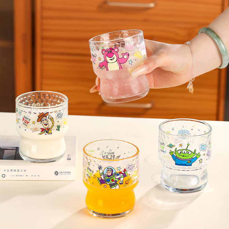 迪士尼果汁杯玻璃杯玩具总动员波点玻璃杯300ml家用高级感新款