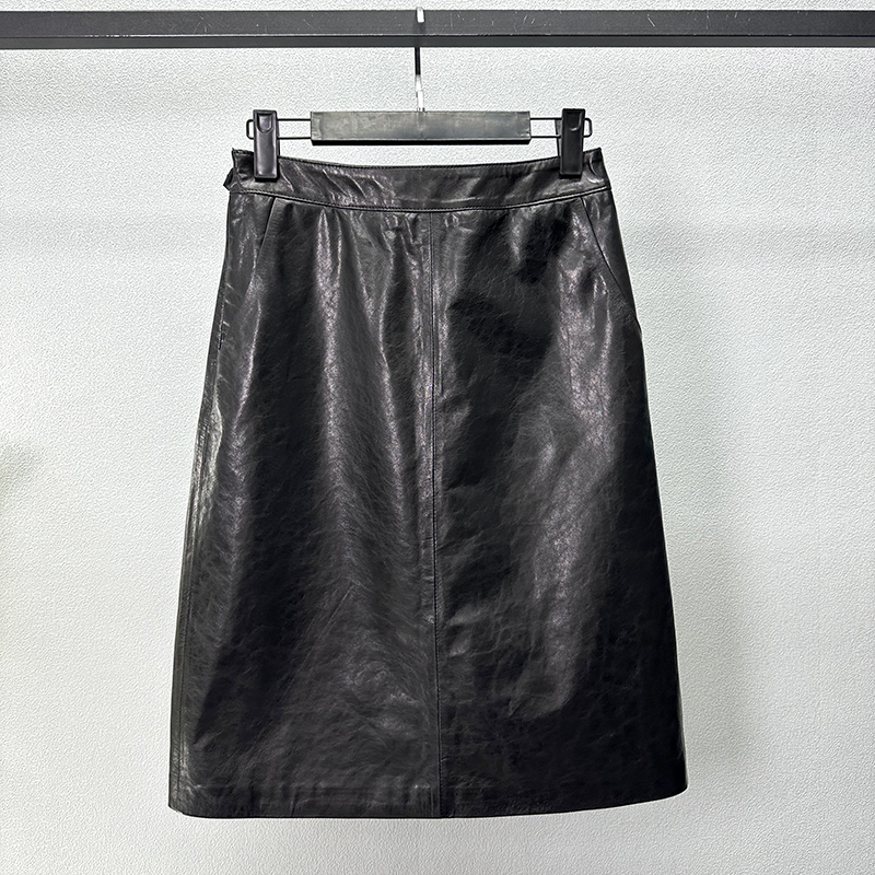 海宁2025新款真皮油蜡绵羊皮高腰舒适百搭气质时尚包臀中长裙女