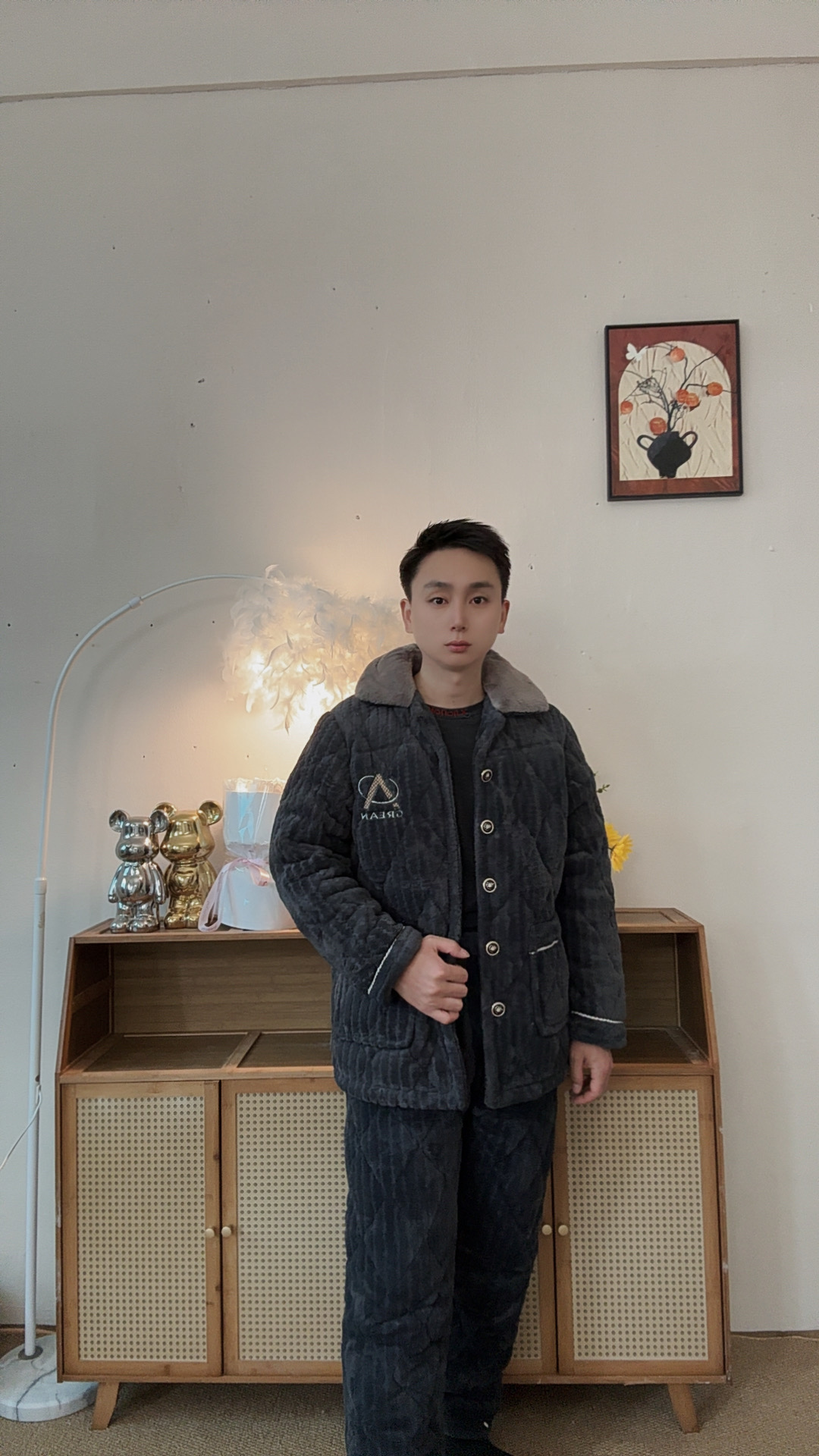 睡衣秋冬季保暖棉服青年睡衣翻领领松紧加绒黑色男士