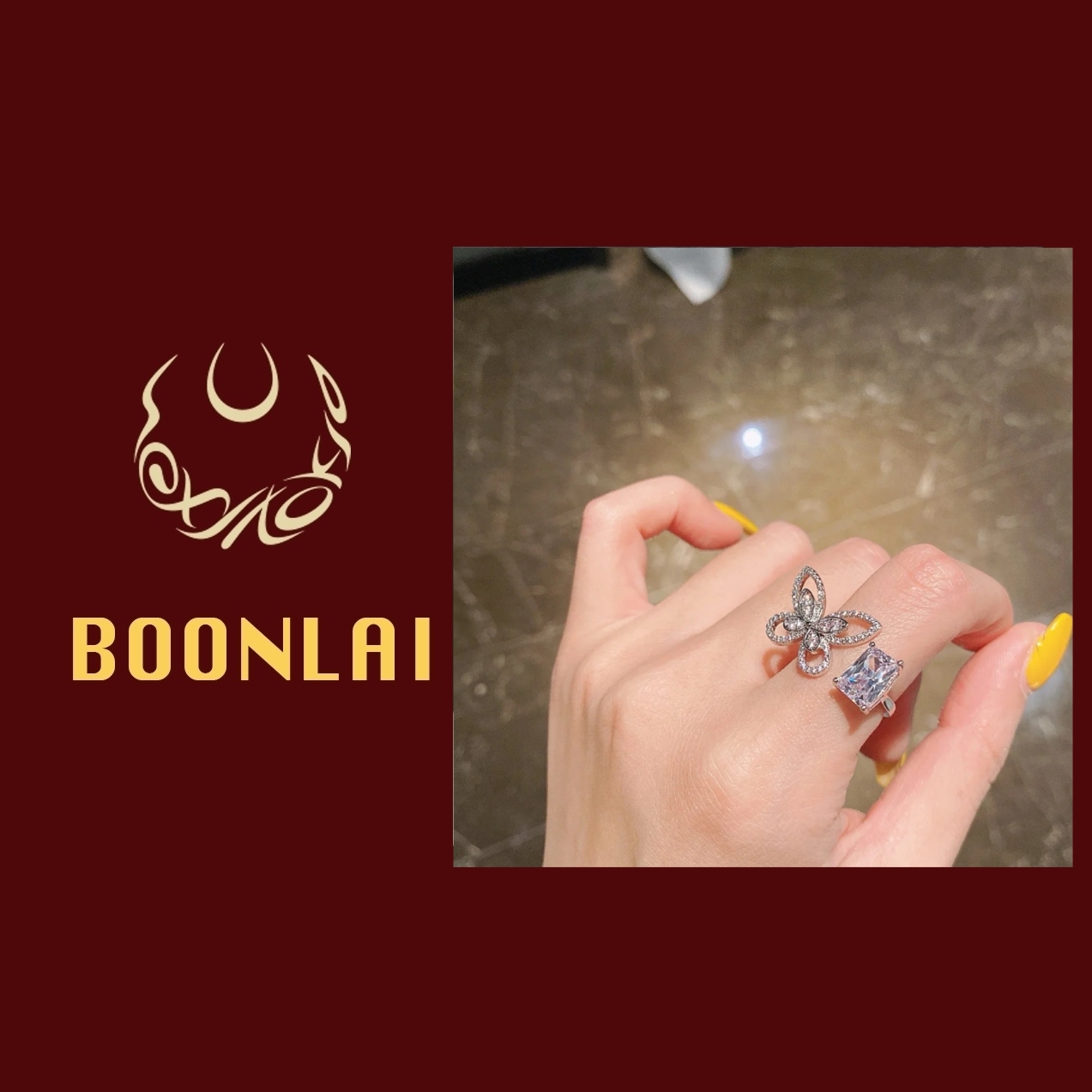 铜合金莫桑石戒指 Boonlai 方钻银色蝴蝶结戒指1342