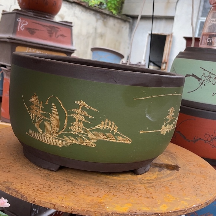 30绿描金球盆大花盆紫砂花盆
