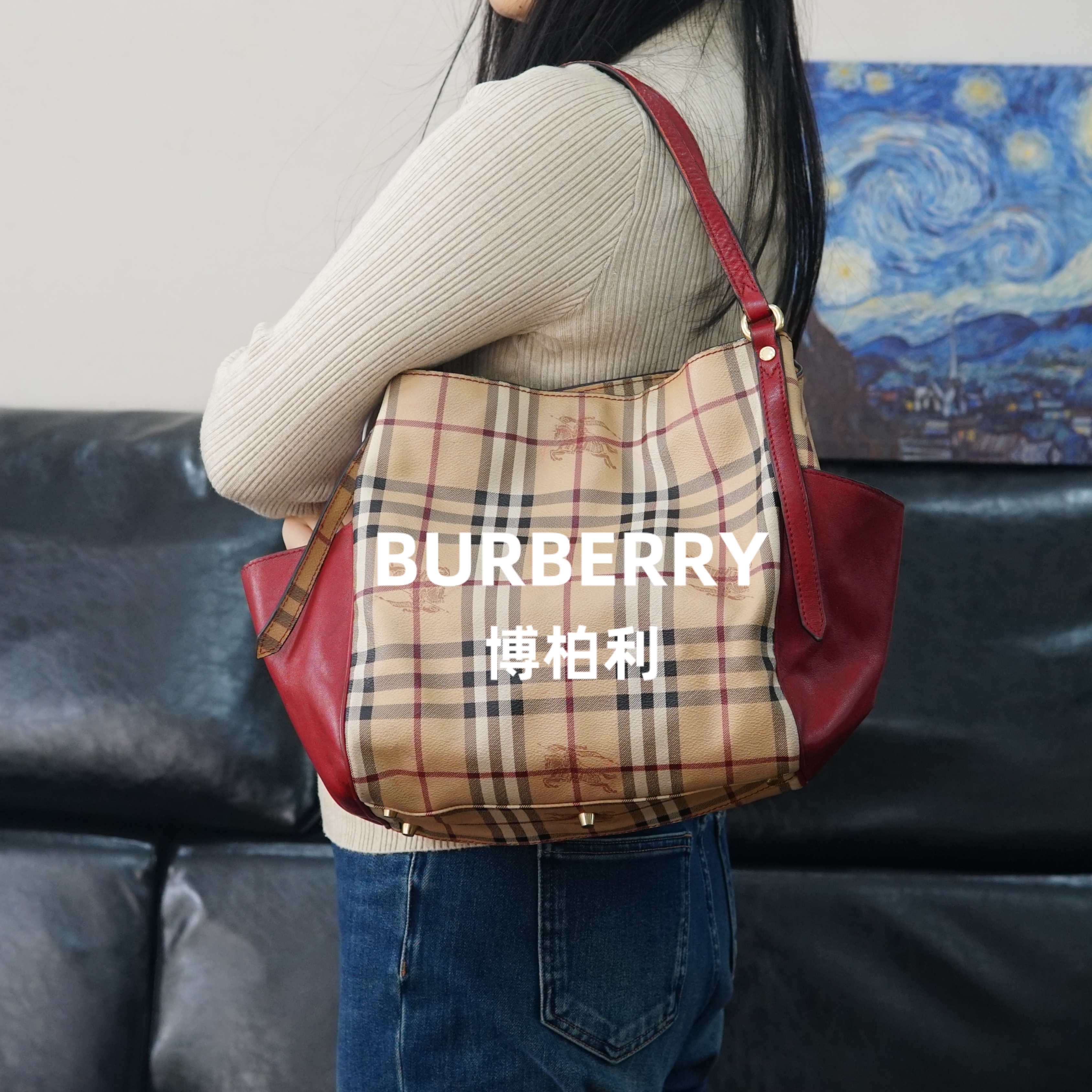 95新 BURBERRY/博柏利 巴宝莉/格纹拼皮单肩包/F3BB09525068/5068