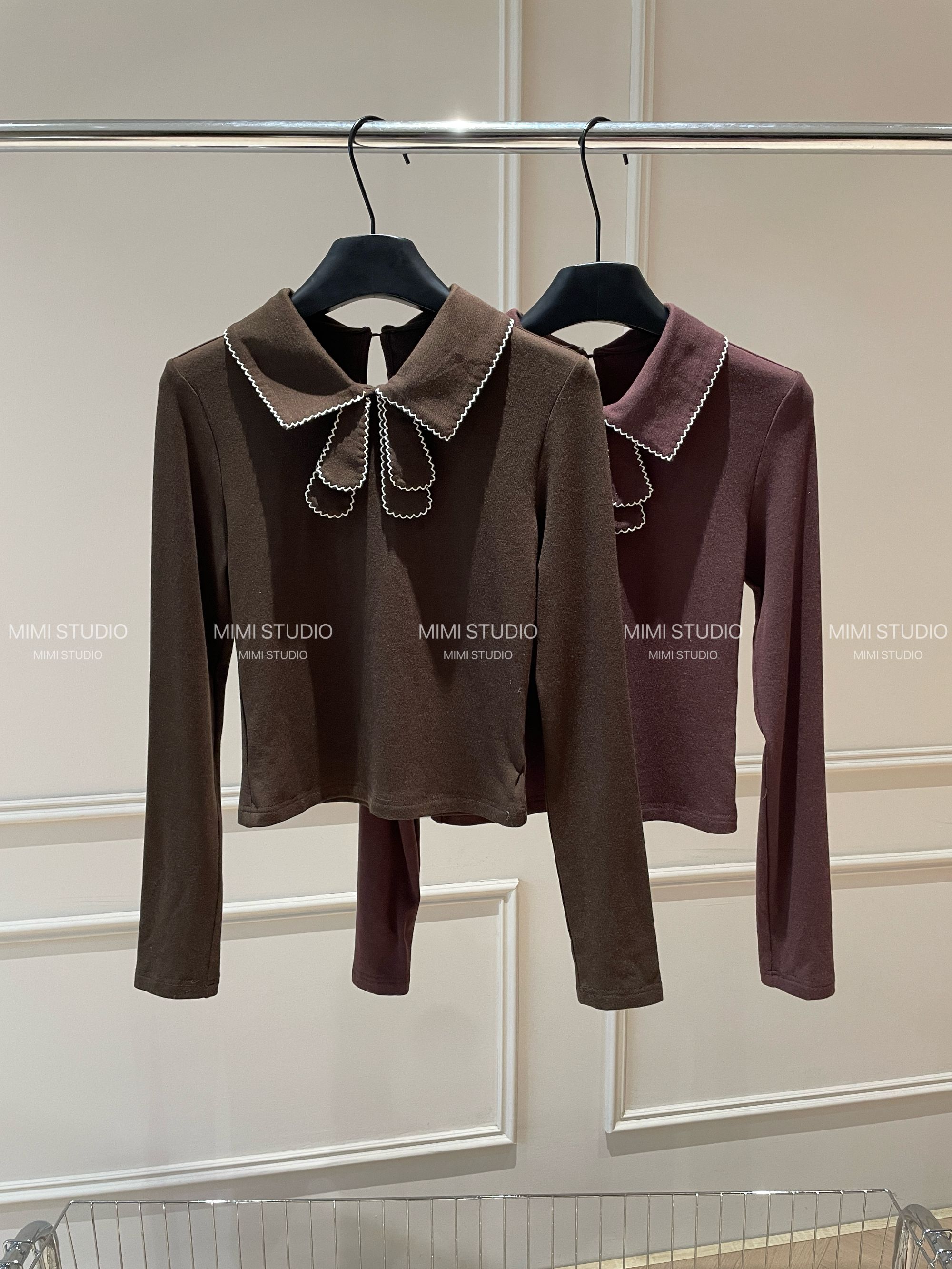 2025秋冬新款蝴蝶结花边翻领甜美T恤上衣853#