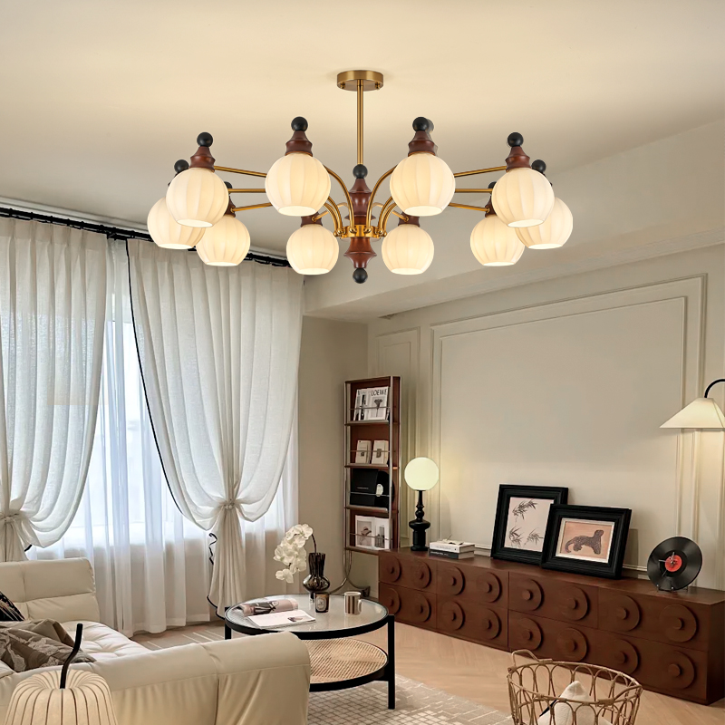 美式中古风客厅吊灯南瓜灯罩餐厅卧室吊灯法式胡桃木老洋房房间灯