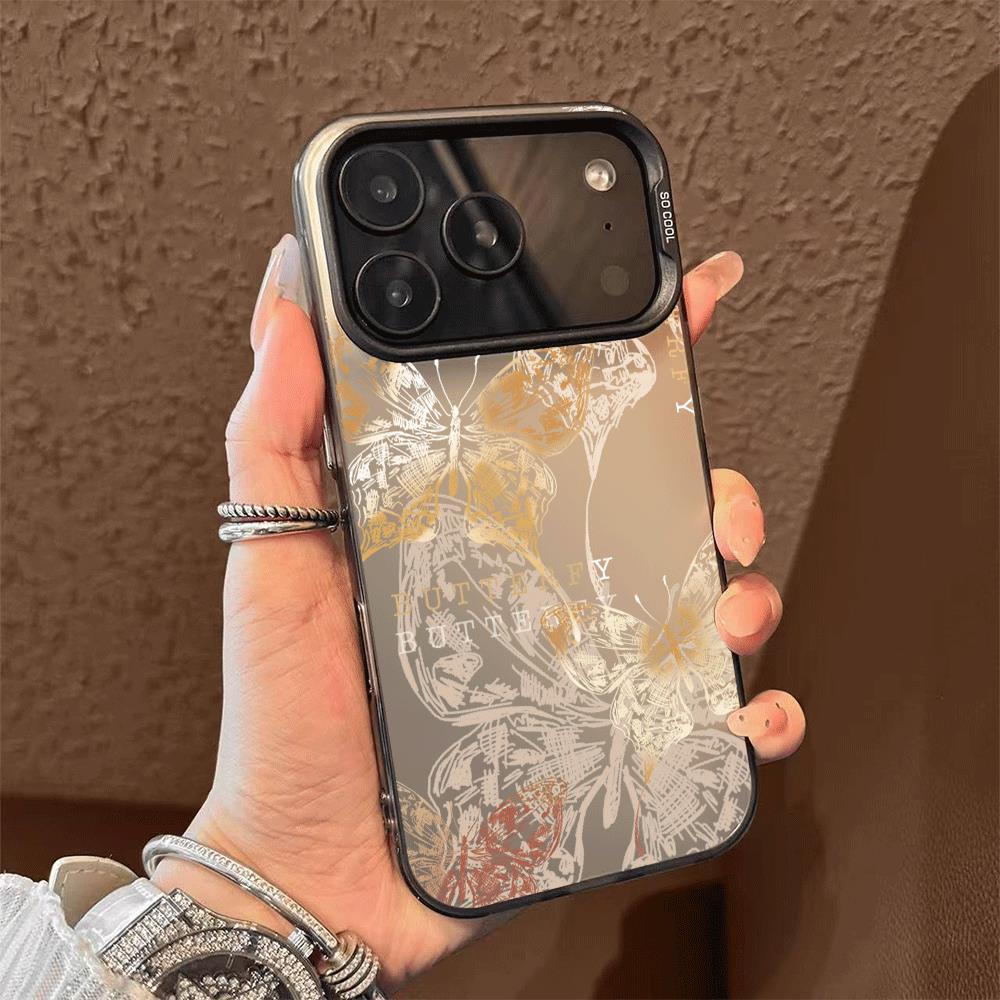 金色蝴蝶全包适用于苹果17promax手机壳磨砂16大孔15亚克力14防摔
