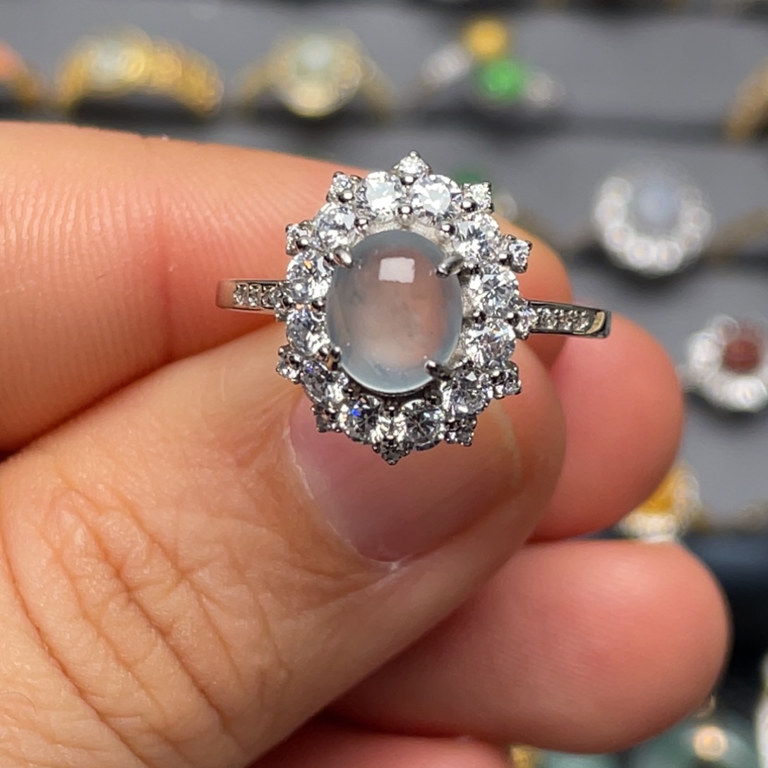 翡翠戒指银S925镶嵌纯天然缅甸翡翠