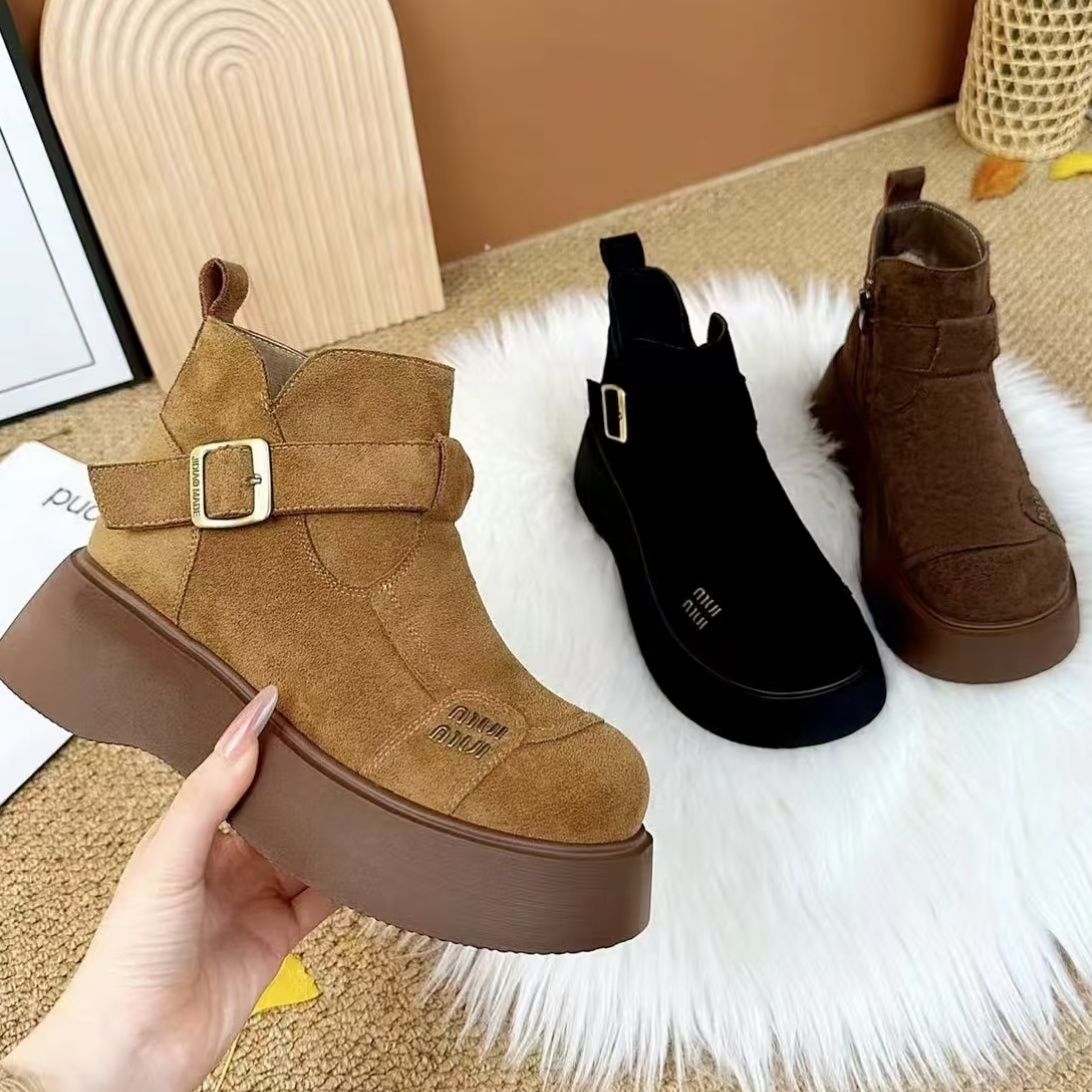厚底勃肯靴女新款时尚防滑绒面短靴女百搭马丁靴2025冬季保暖加绒