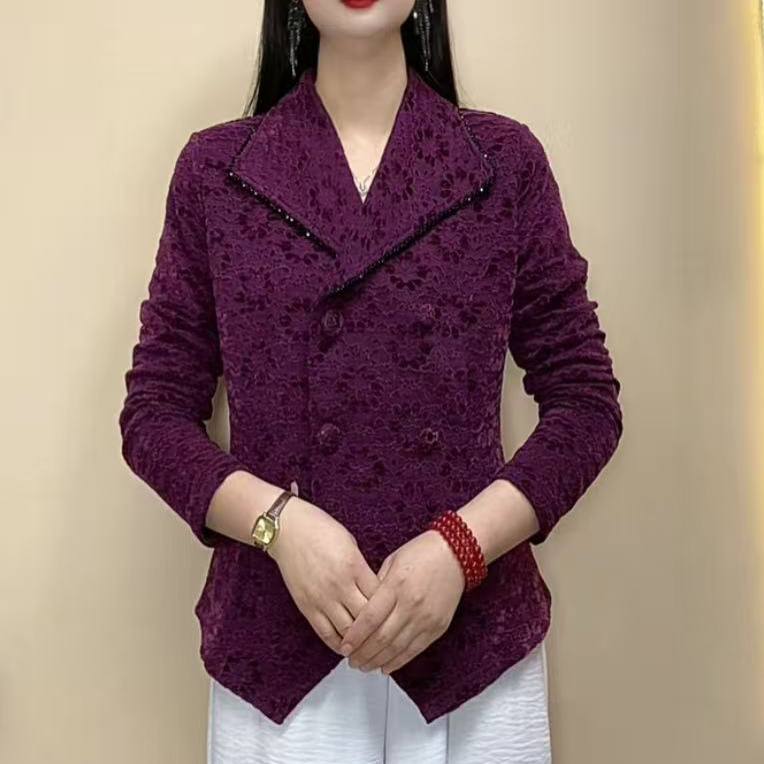 2025新品翻领蕾丝长袖气质百搭显瘦时尚开衫小衫加绒