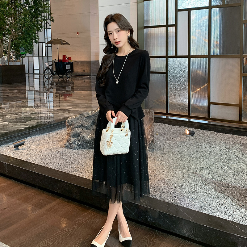 奢姿大码女装2025冬季气质网纱拼接假两件裙子胖妹妹时尚连衣裙