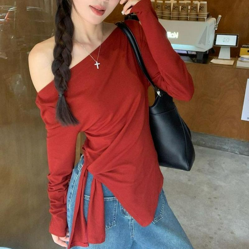 设计感两穿长袖T恤女秋季小众不规则黑色打底衫收腰修身绑带红色