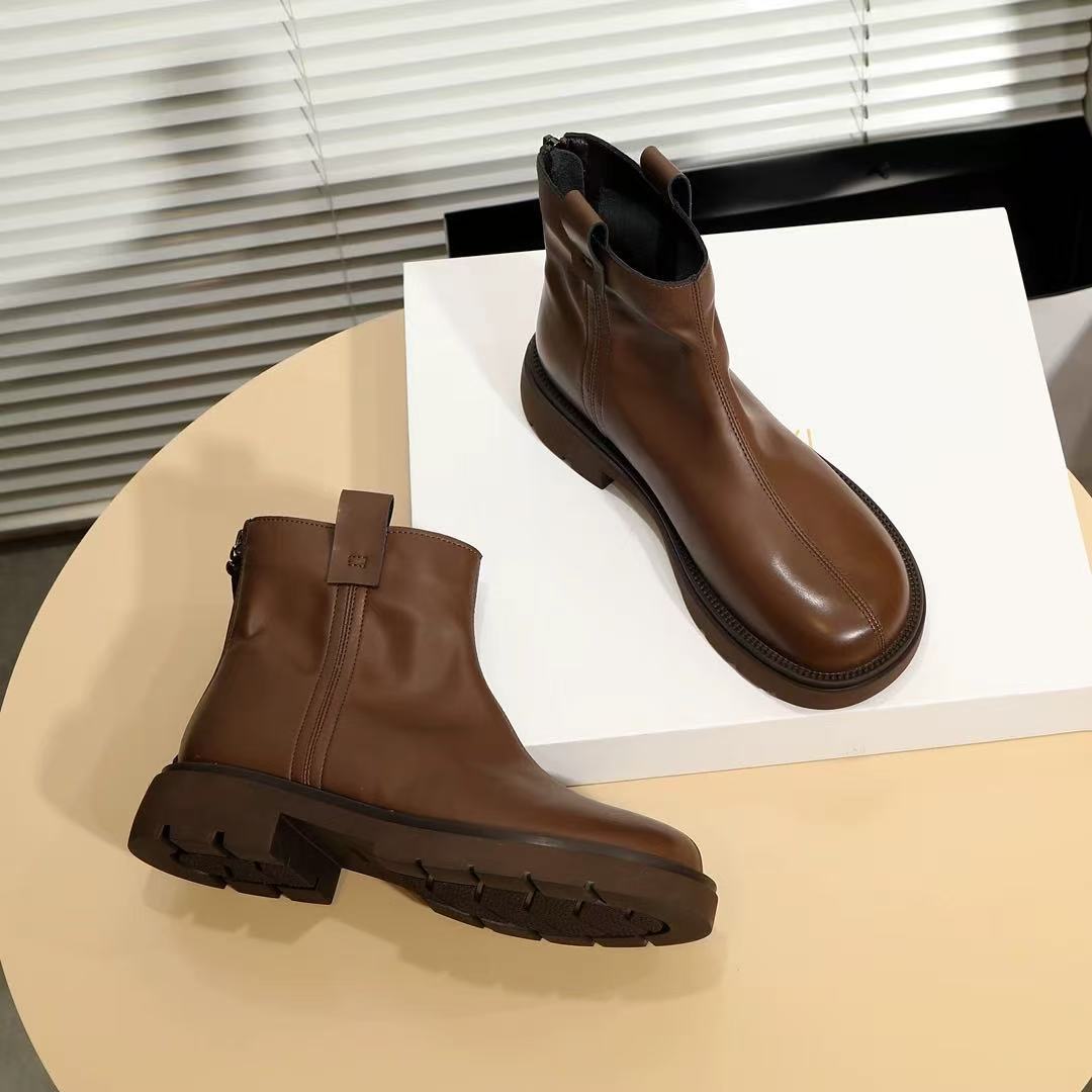 W1890-1马丁靴女英伦风秋季ins潮平底短靴圆头后拉链及踝靴 薄绒