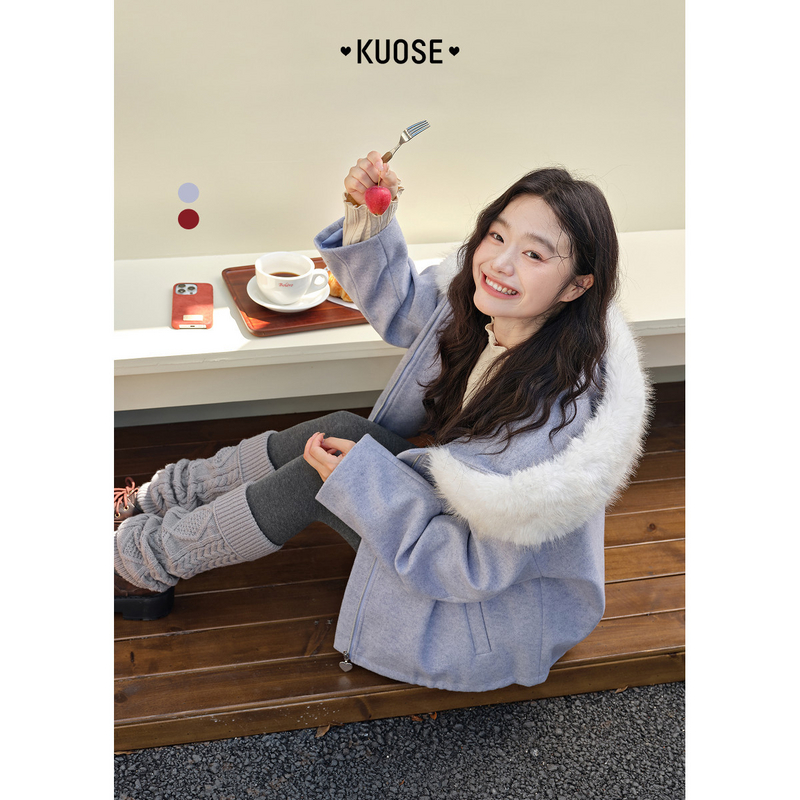 阔色连帽毛领呢子大衣女装2025秋冬季新款毛呢外套短款KSE2509005