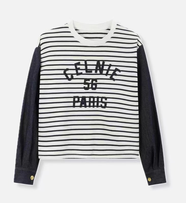 2025新款长袖时尚牛仔袖假两件卫衣上衣条纹圆领刹帝利8578