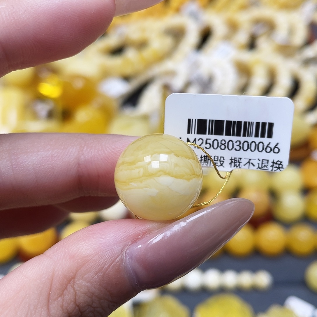 琥珀未镶嵌裸石17mm虎皮瓷白圆珠 皮线瑕