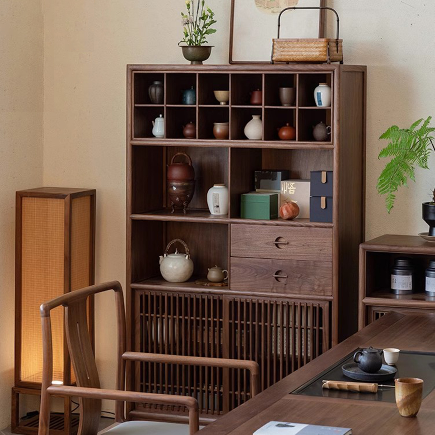 北美黑胡桃木新款博古架展示柜边柜茶叶柜新中式老榆木多宝阁置物