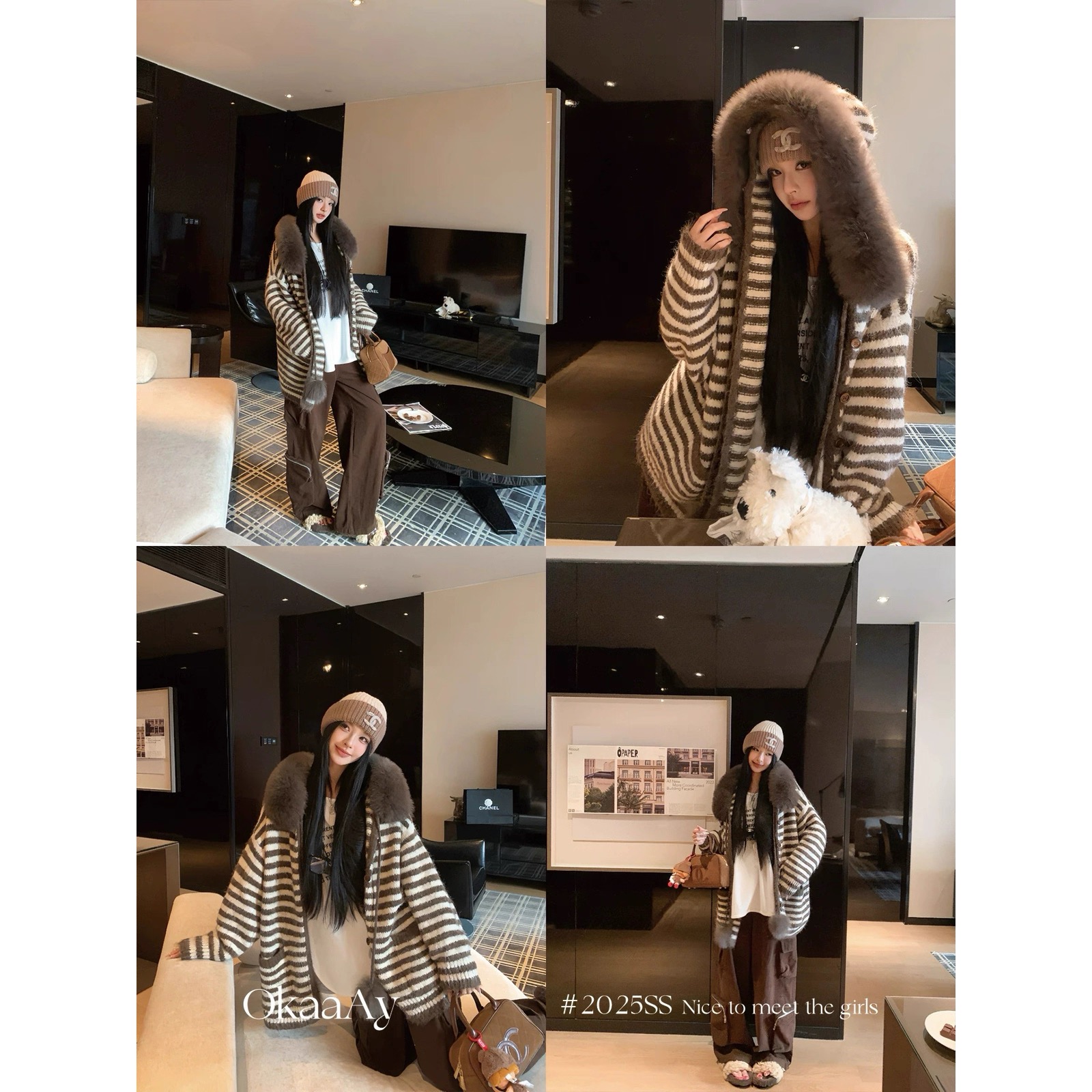 2025冬季狐狸毛领连帽针织外套7792