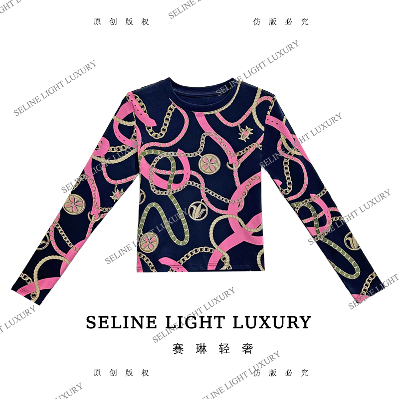 【25Q-733】太 2025 SELINE 新款时钟印花时尚轻奢气质长袖T恤