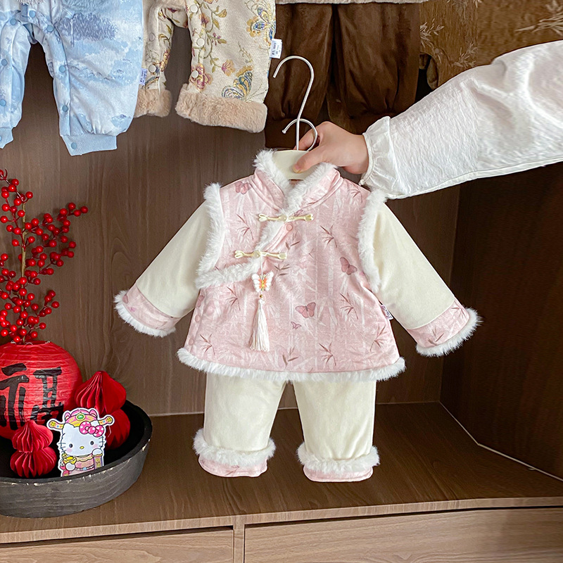 女童秋冬套装宝宝中式加绒外套百天抓周岁宴礼服分体两件套5789