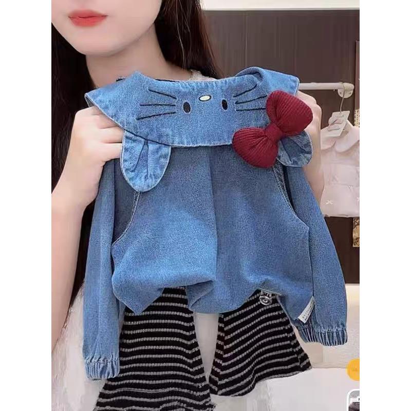 萌主驾到！超萌女宝宝可爱kt牛仔衬衫条纹微喇裤套装潮