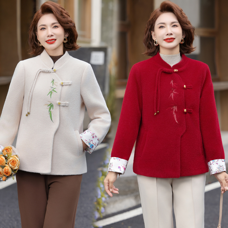 中年妈妈秋装毛呢外套2025新款中老年秋冬季新中式国风呢子大衣女