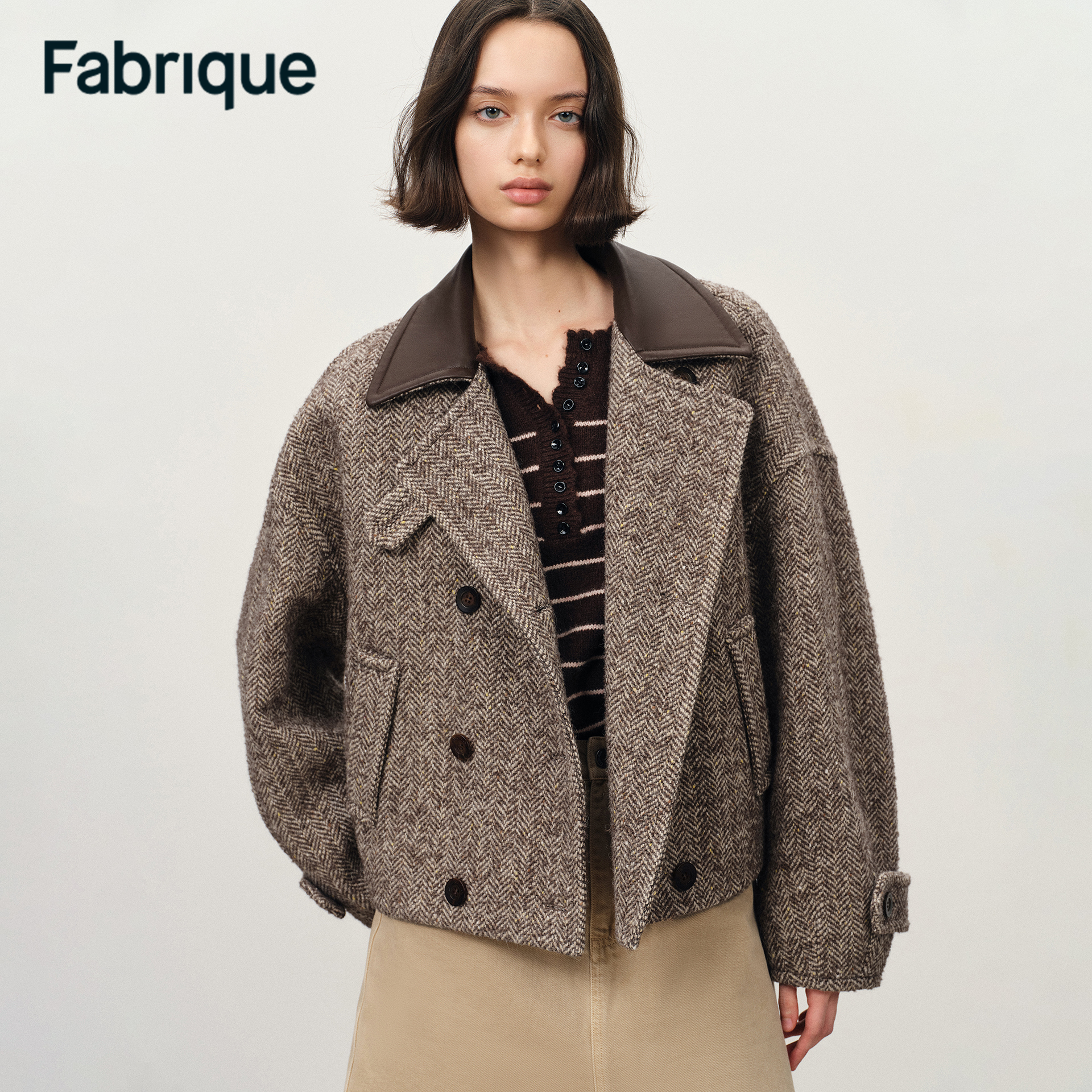 Fabrique【日落乌托邦】秋冬灰棕人字纹绵羊毛双排扣毛呢夹克外套