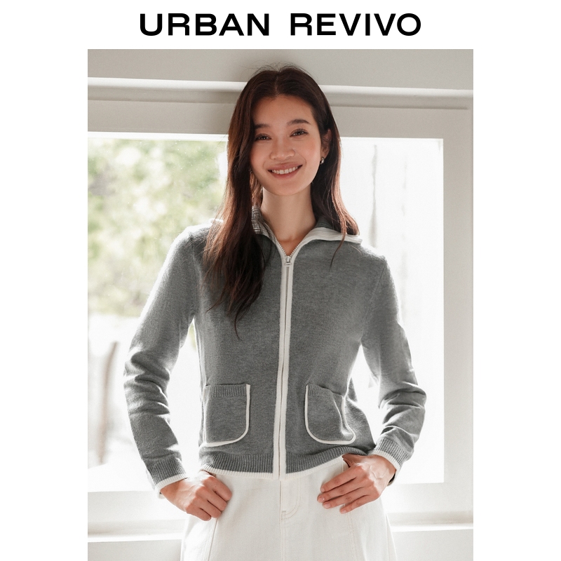 UR2025冬季新款女装休闲撞色边拉链短款针织开衫UYY950108
