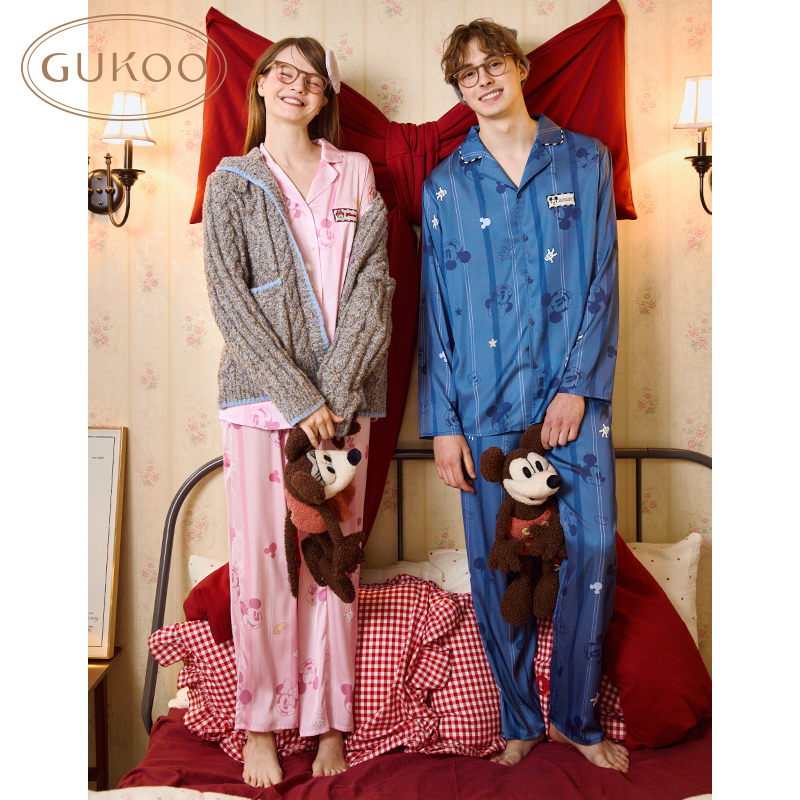 Gukoo/果壳秋季新款迪士尼米奇满印冰丝长袖家居服睡衣女粉色可爱