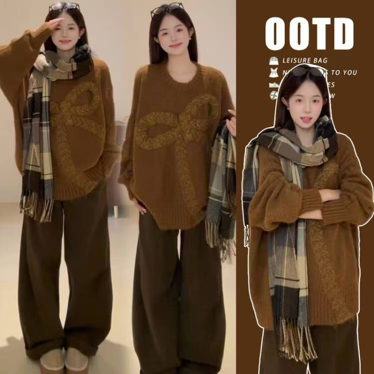 孕妇毛衣秋冬甜美蝴蝶结厚毛衣松弛感慵懒保暖针织衫上衣孕妇装