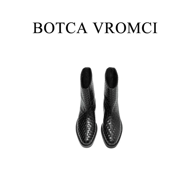 BOTCAVROMCI秋冬新款2025真皮复古手工编织低跟高级感女靴1201-7