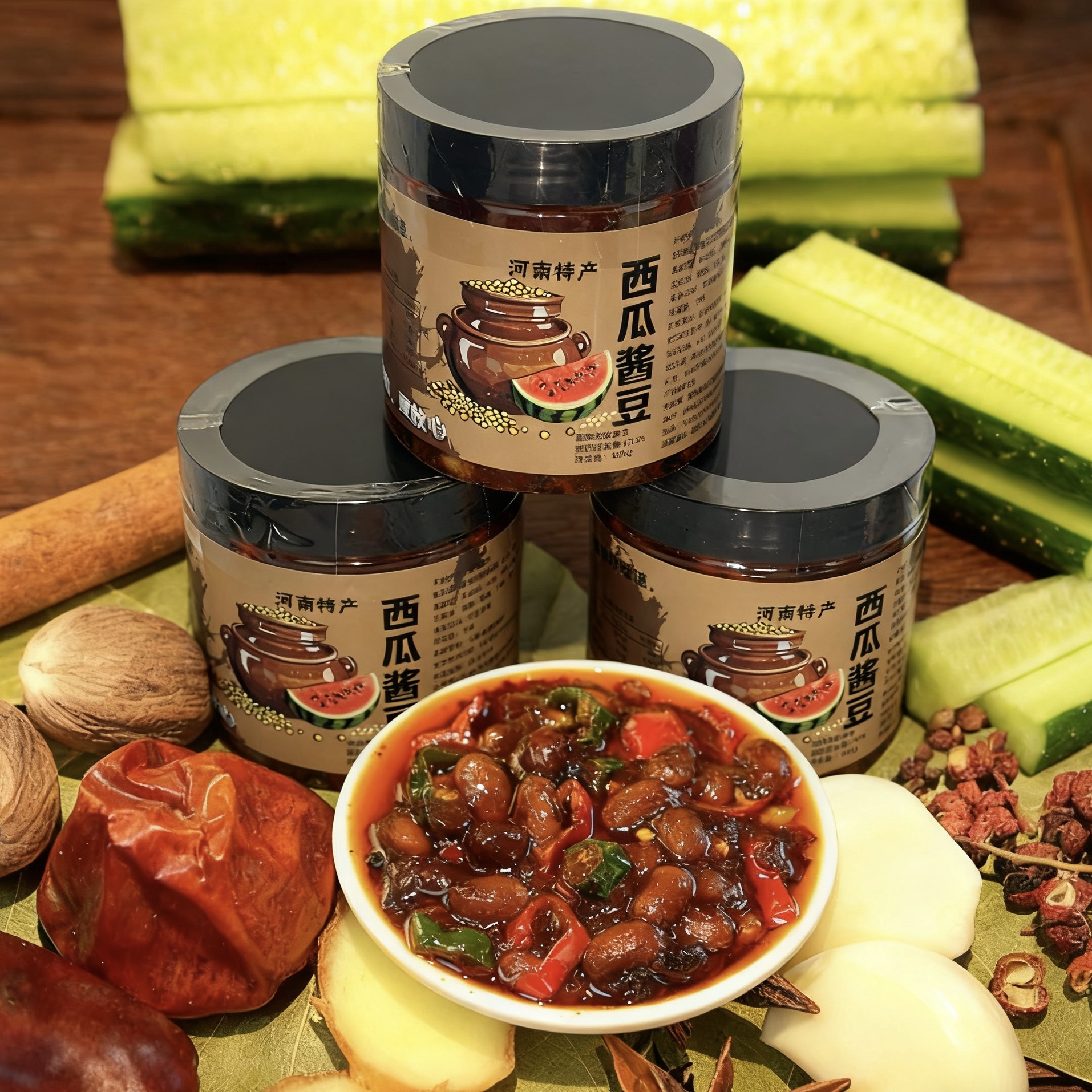 河南正宗西瓜酱发酵豆五香微辣（拍一发二）熟酱夹馒头，拌面条，炒菜