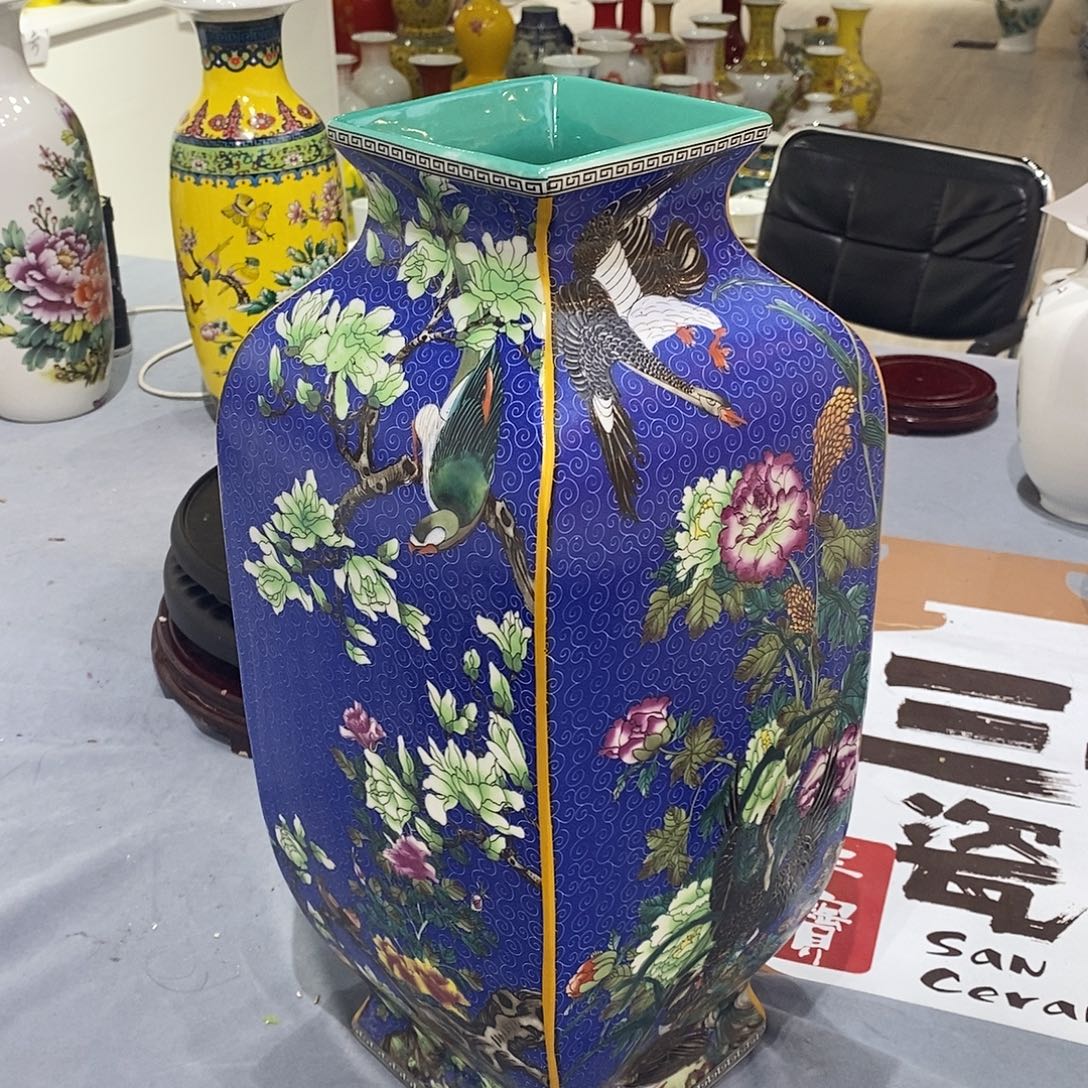 陶摆件42cm蓝色四方花鸟