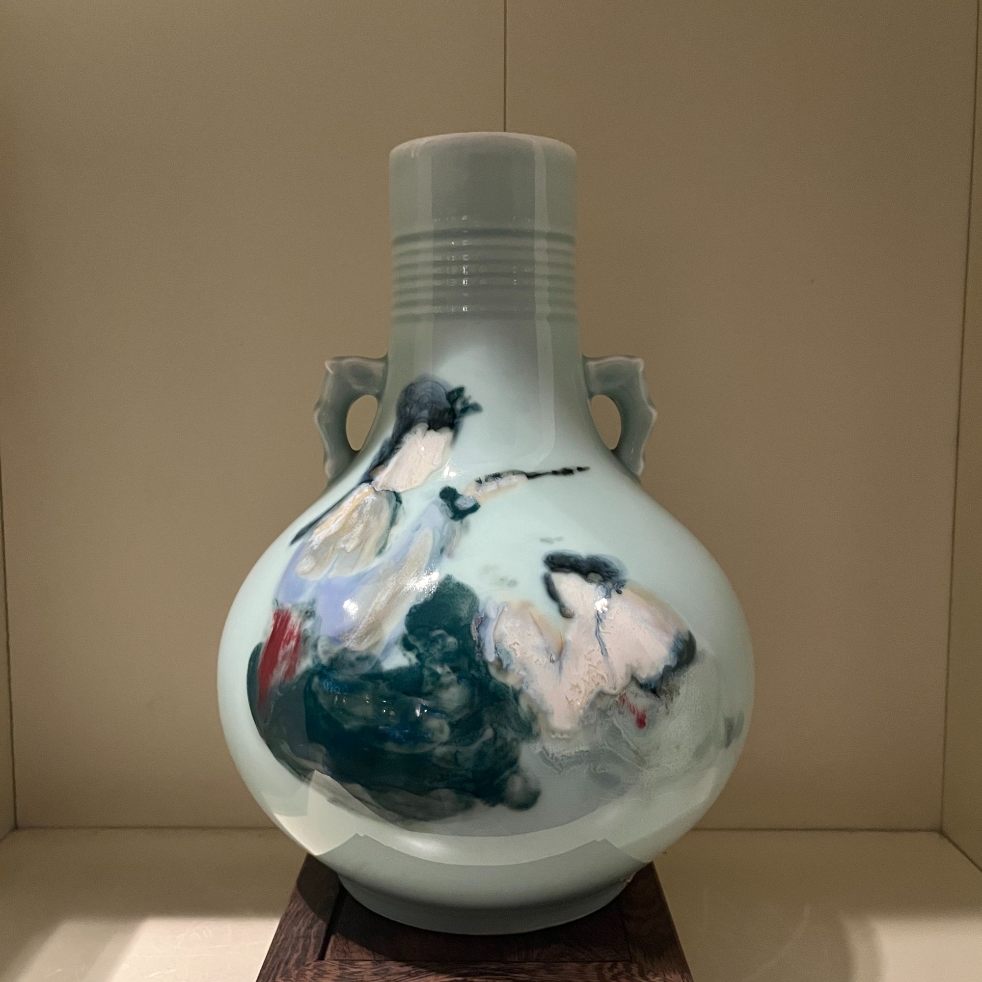 昆仑牌鲁青瓷双窑变 双耳马头螺纹瓶  360mm*260mm