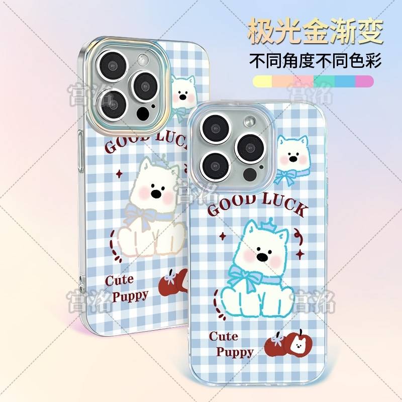 蓝格蝴蝶结小狗极光金壳适用于iPhone苹果17手机壳华为oppo小米手