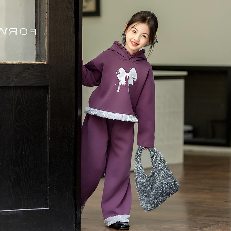 尚品琳1091女童卫衣套装秋款蝴蝶结花边儿童休闲两件1091