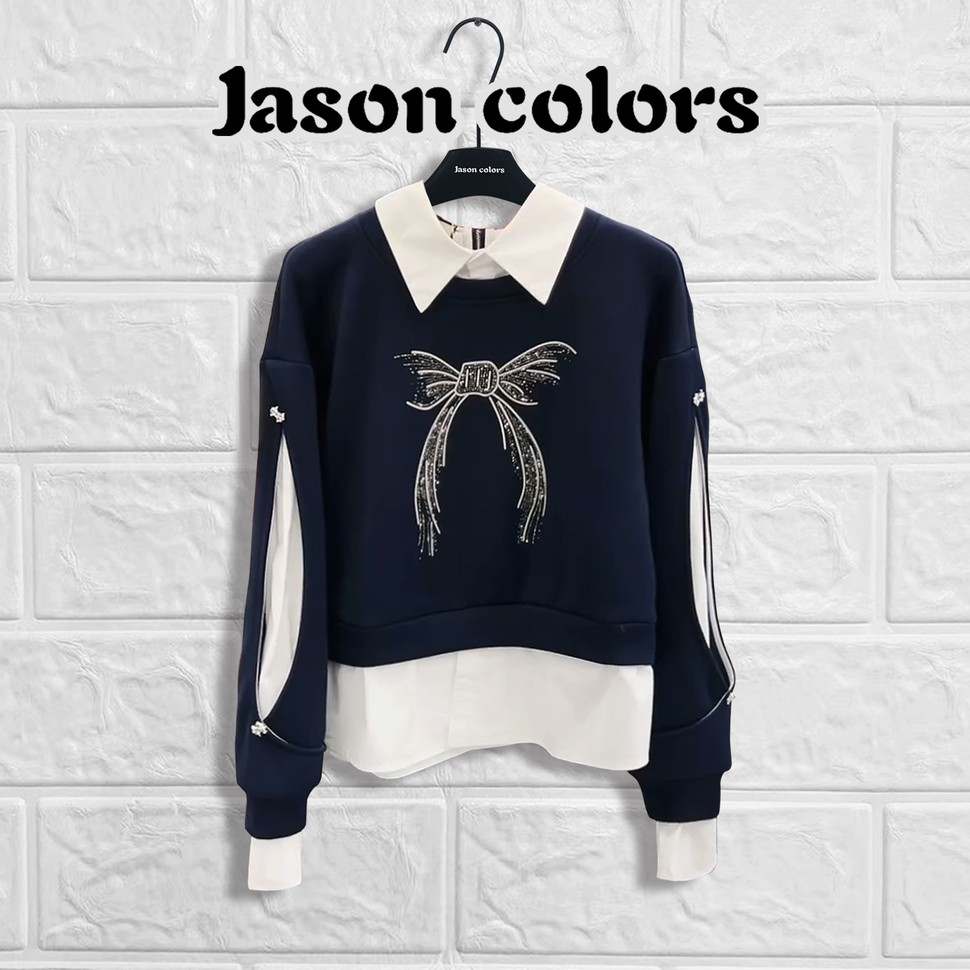 【Jason colors】秋冬季新款高级感假两件拼接烫钻蝴蝶结长袖卫衣女