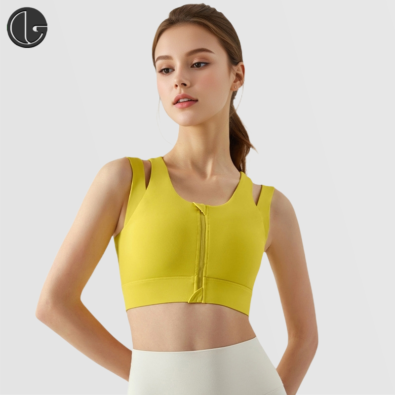 前拉链运动内衣女假两件双肩带一体式胸垫收副乳瑜伽文胸健身上衣