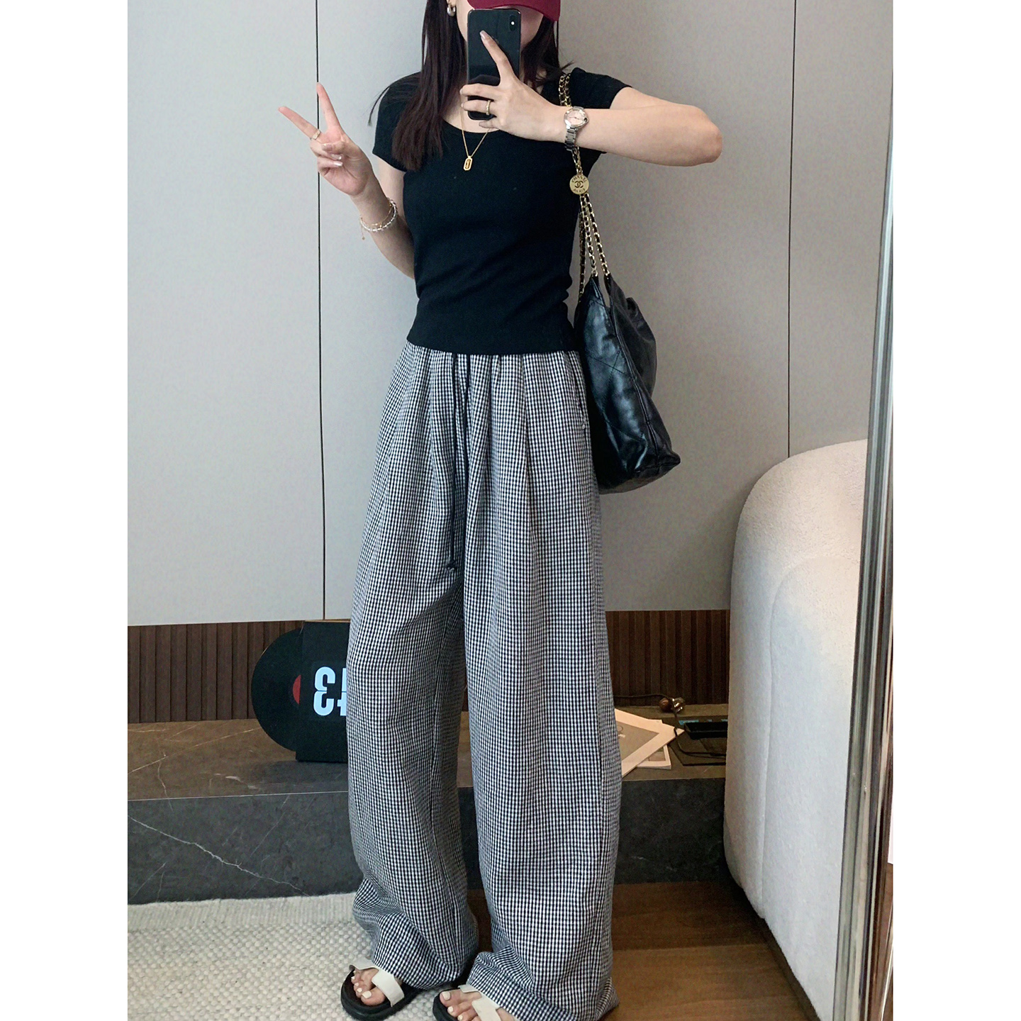 【慵懒格子裤】夏季薄料抽绳宽松阔腿休闲长裤