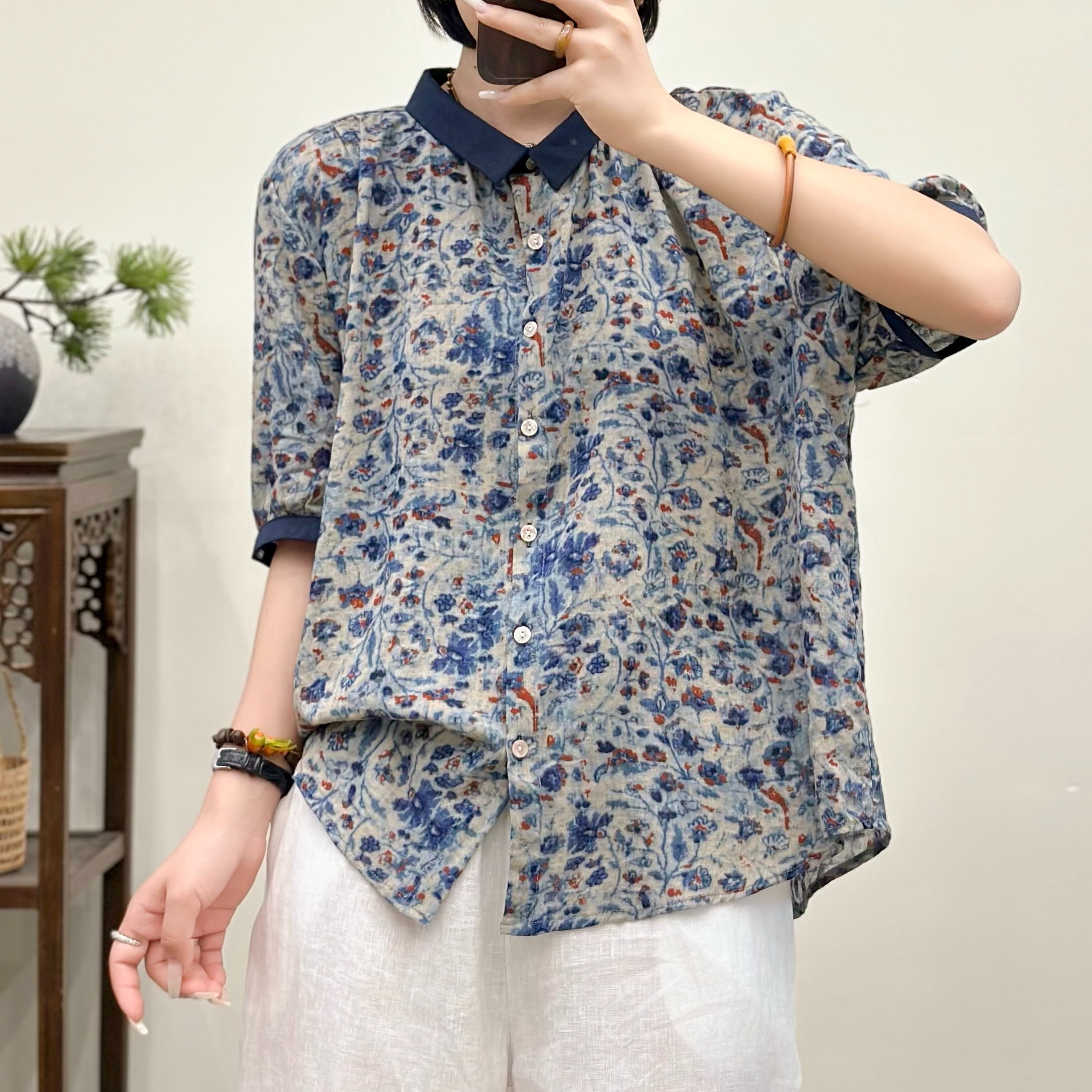 8903新款夏季洋气减龄文艺碎花衬衫QZ