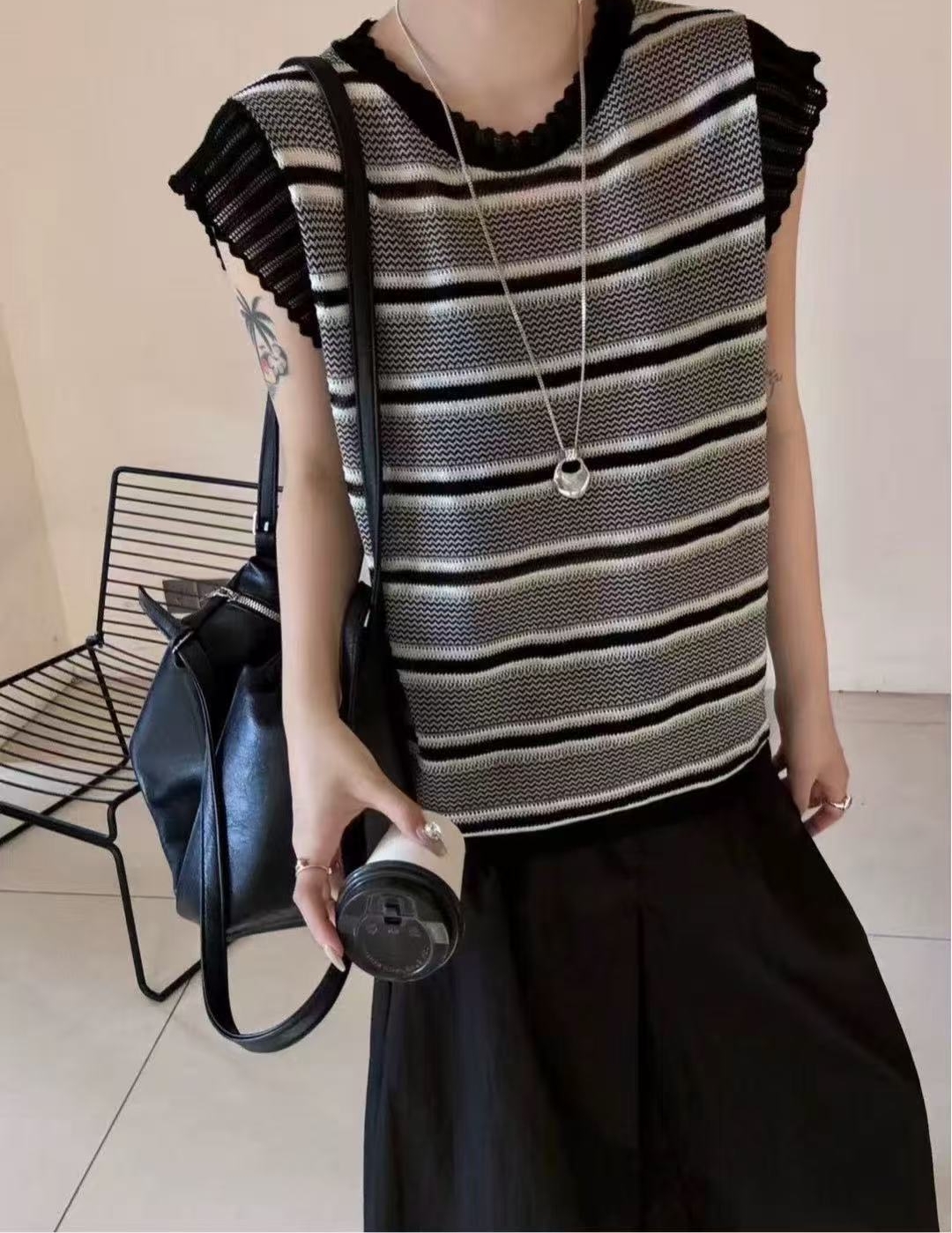 Z.X 撞色拼接条纹小飞袖针织衫  8268（C4）