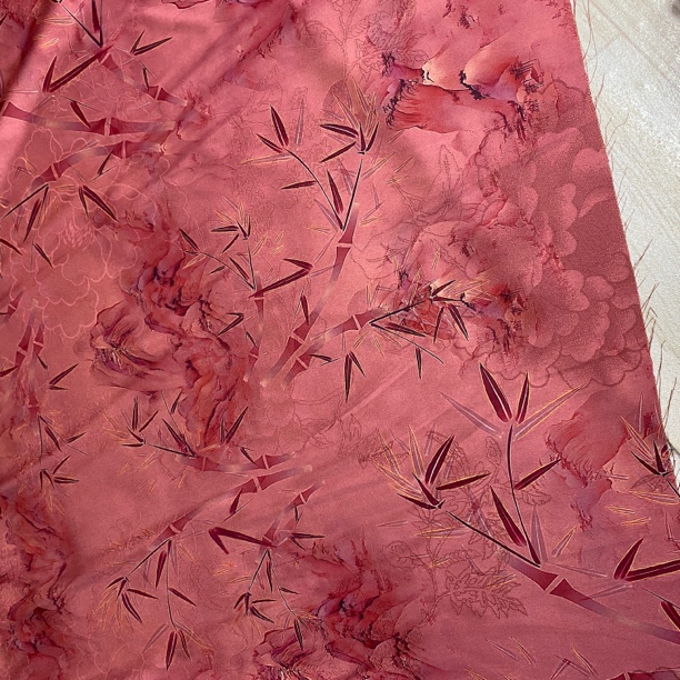 皮粉色江山竹林双面红云纱国风布料旗袍裙子吊带家居服手工面料