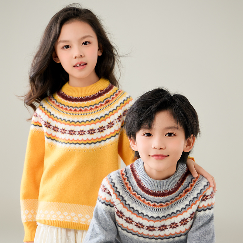 费尔岛提花儿童100%纯羊毛衫复古半高圆领毛衣打底羊毛衫儿童